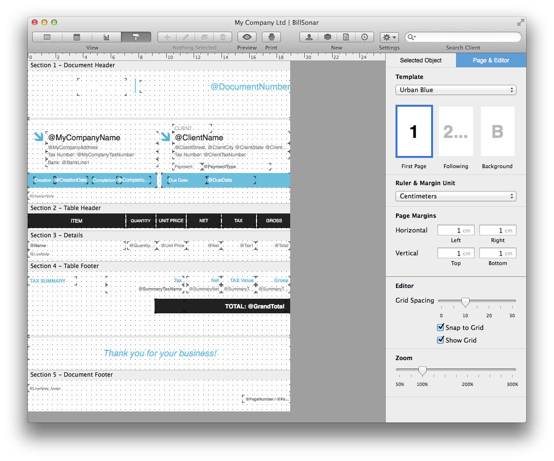 BillSonar Invoice Mac OS X Design editor
