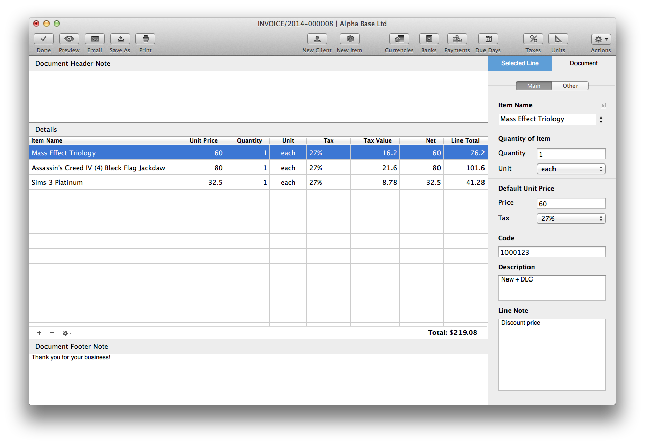 BillSonar Invoice Mac OS X Invoice itemline