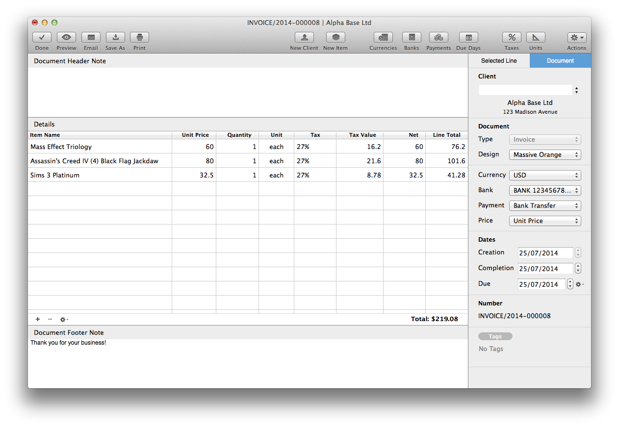 BillSonar Invoice Mac OS X Documents