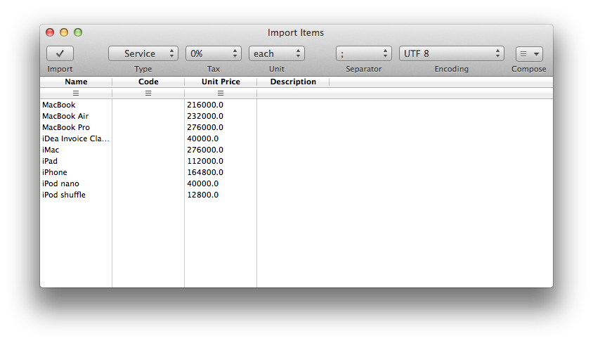 BillSonar Invoice Mac OS X Product import