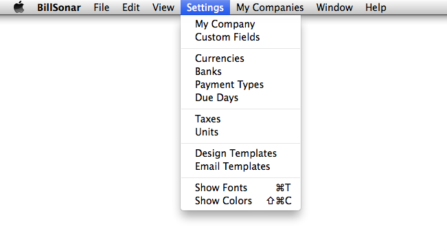 BillSonar Invoice Mac OS X Settings from menu