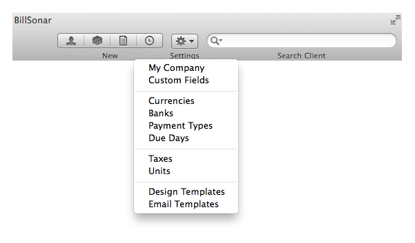 BillSonar Invoice Mac OS X Settings from toolbar