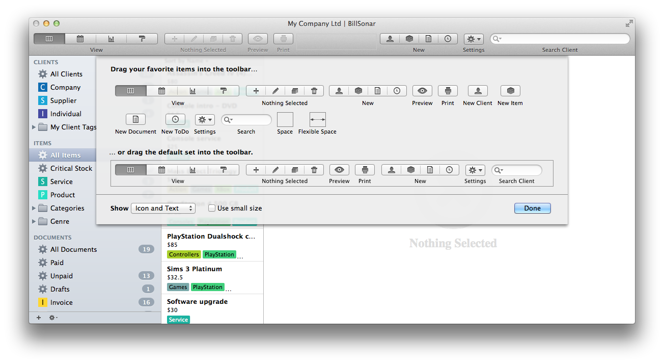 BillSonar Invoice Mac OS X Toolbar