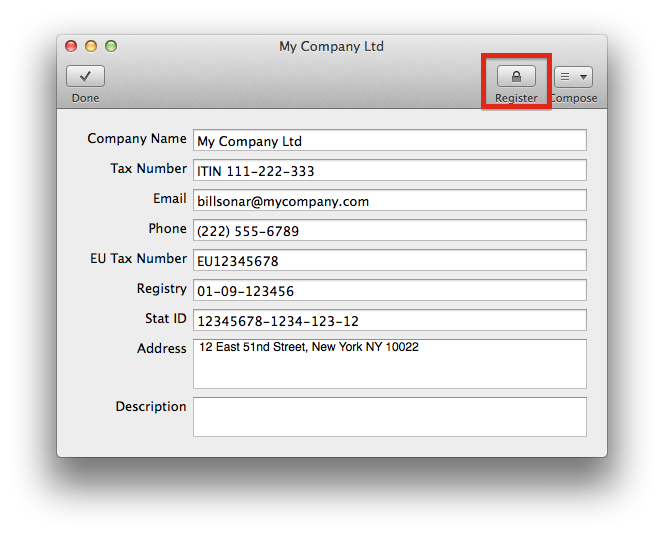 BillSonar Invoice Mac OS X Register company