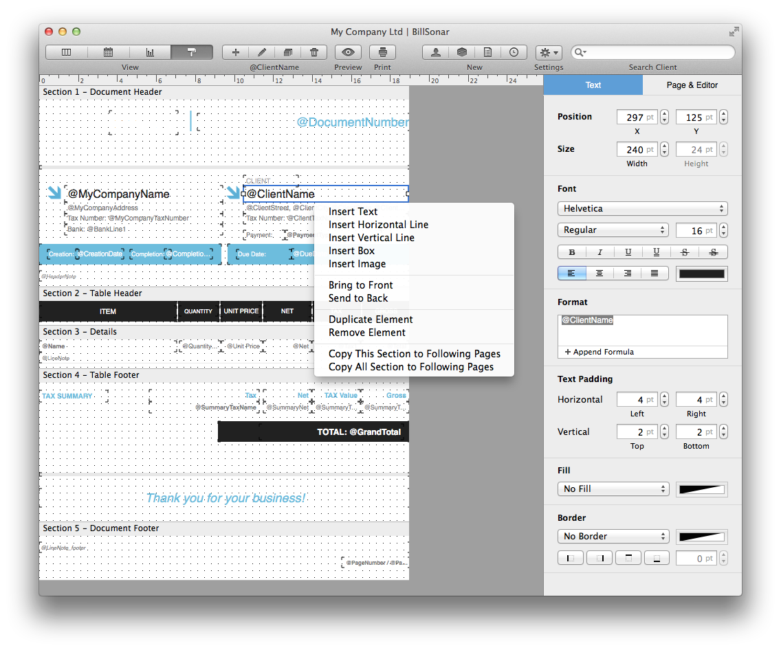 BillSonar Invoice Mac OS X Design editor menu