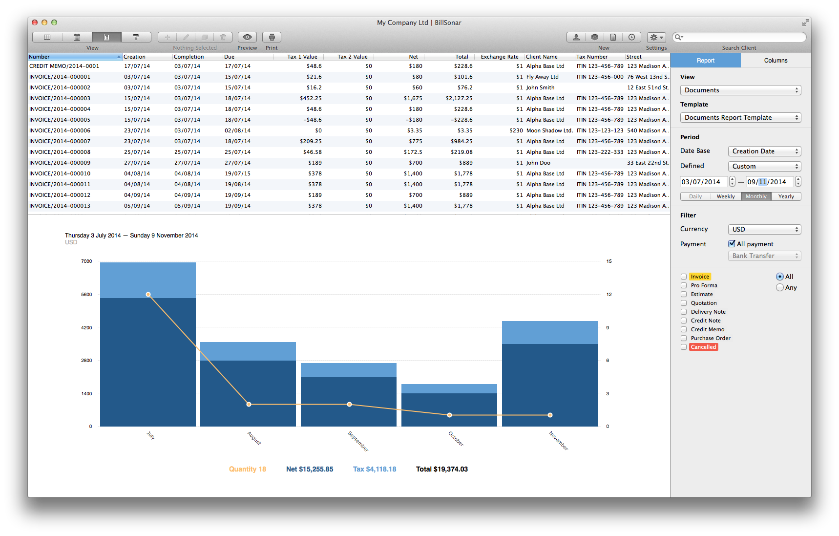 BillSonar Invoice Mac OS X Report view